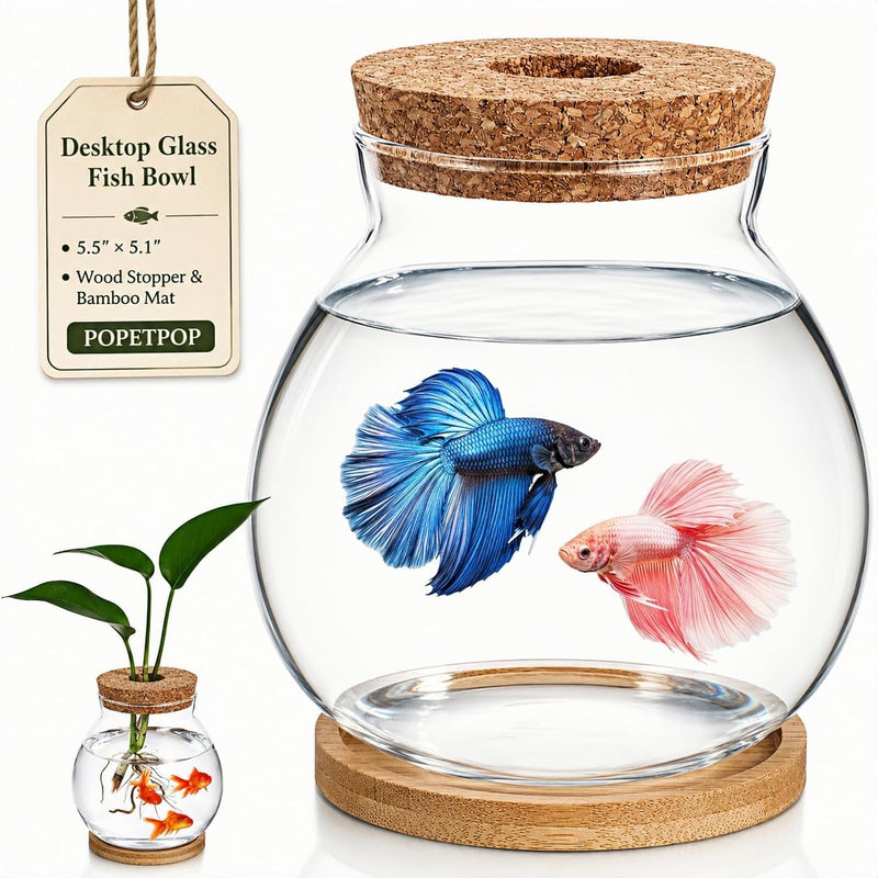 POPETPOP Desktop Glass Fish Bowl - Round Small Fish Tank