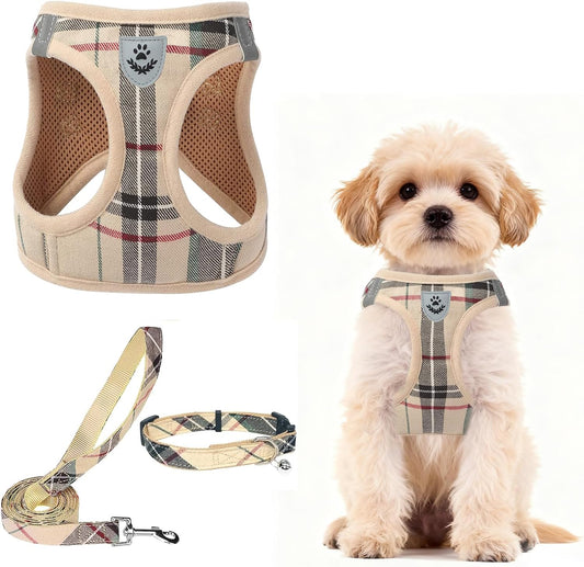 PUPTECK Adjustable Dog Harness Collar and Leash Set Step in No Pull Pet Harness for Small Medium Dogs Puppy and Cats Outdoor Walking Running, Soft Mesh Padded Reflective Vest Harnesses, Beige S