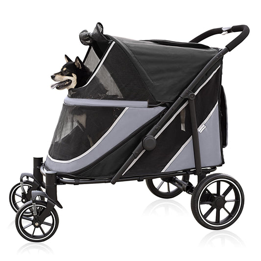 Dog Stroller for Medium/Large Dogs One-Click Folding, Extra Large Pet Stroller for 2 Dogs with Storage Pocket & Shock Absorption, Up to 130 lbs, Grey