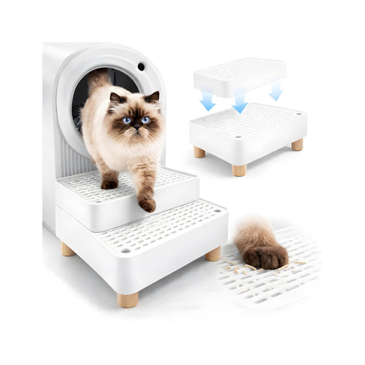 Cat Litter Box Step, 2-Step Litter Catcher with Removable Grid Top, Anti-Slip Support for Kittens & Senior Cats, Easy-Clean Step for High-Entry Litter Boxes