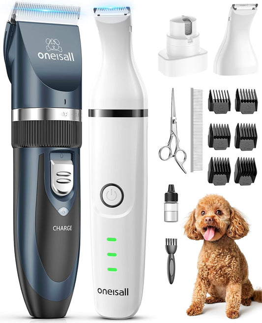 oneisall 4 in 1 Dog Clippers and Paw Trimmer Grooming Kit, Low Noise Cordless Dog Clippers for Grooming Pet Hair Trimmers for Small and Large Dogs Cats Animals
