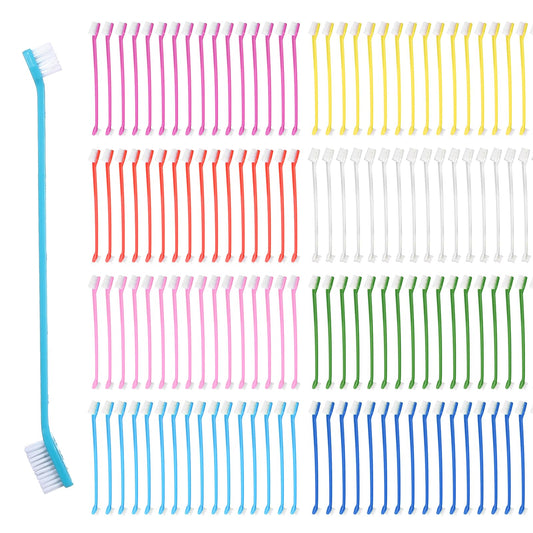 Meyeyaia 200Pcs Dog Toothbrushes, Dual Headed Dog Tooth Brush Bulk, Long Handle Plastic Pet Toothbrush for Large Small Dogs Cats Puppy Teeth Cleaning Dental Care Supplies 8 Colors