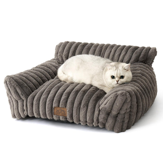 COZY KISS Cute Cat Couch, Fluffy Sofa Bed for Cats and Small Dogs, Premium Faux Rabbit Fur Cats beds for Indoor Cat, Ultra-Soft Supportive Pet Couch Furniture (Grey, S: 25.5''x17.5'')