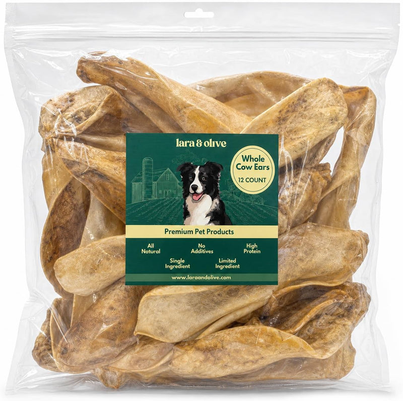 Lara & Olive Whole Cow Ears for Dogs, 12 Count, Thick Cut, All-Natural, No-Rawhide Dog Treat Alternative, High Protein, 