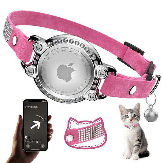 AirTag Cat Collar Breakaway, Rhinestone Microfiber Cat Collars with Air Tag Holder and Bell, Adjustable Comfortable GPS Tracker Cat Collar for Girl Boy, Kittens, Puppies(Pink)