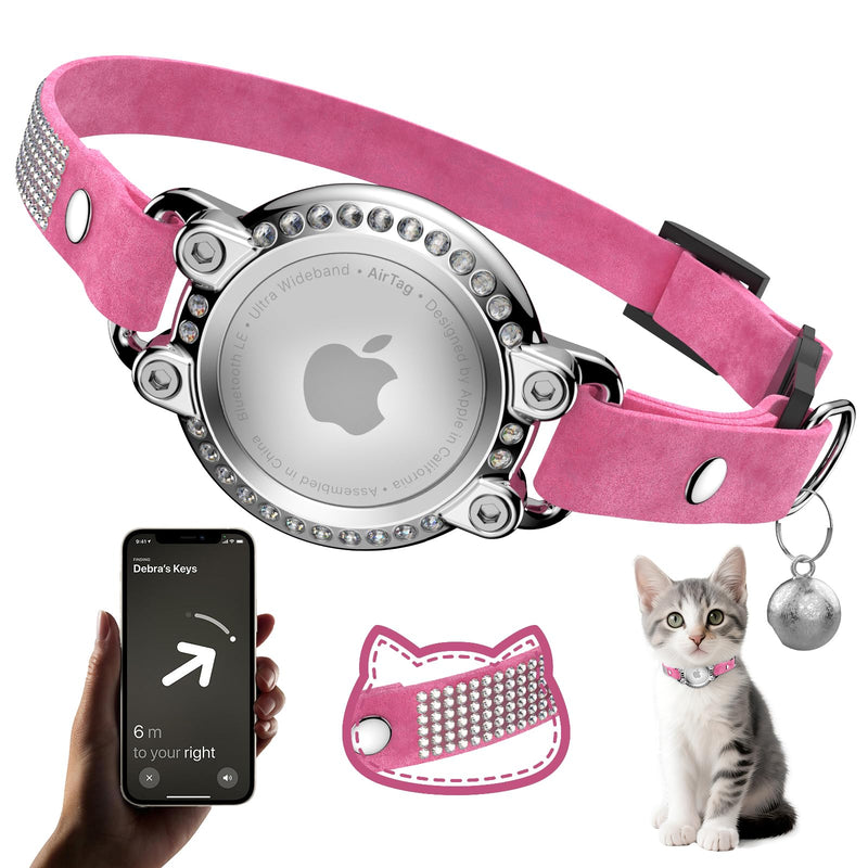 AirTag Cat Collar Breakaway, Rhinestone Microfiber Cat Collars with Air Tag Holder and Bell, Adjustable Comfortable GPS Tracker Cat Collar for Girl Boy, Kittens, Puppies(Pink)