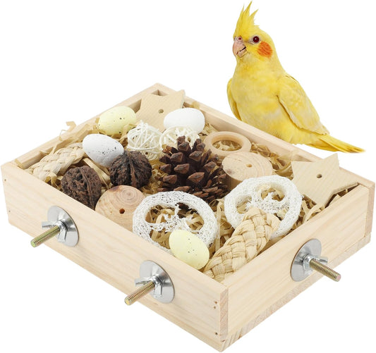 Bird Foraging Toys Box, Wooden Foraging for Bird, Wood Color M