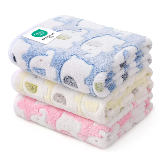 1 Pack 3 Blankets Super Soft Fluffy Premium Cute Elephant Pattern Pet Blanket Flannel Throw for Dog Puppy Cat Blue/Pink/Yellow Small(23x16 inch)