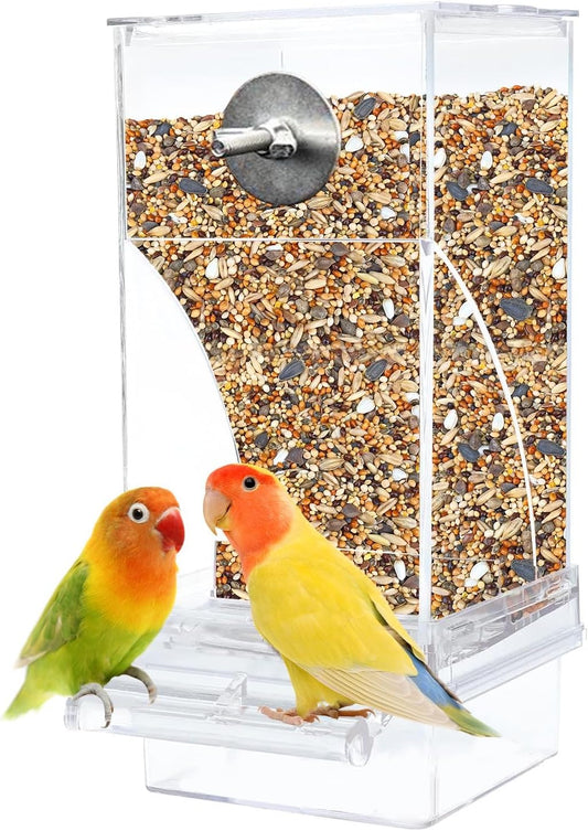 kathson No-Mess Bird Feeder Parrot Integrated Automatic Feeder Seed Food Container Acrylic Finch Foraging Feeders with P