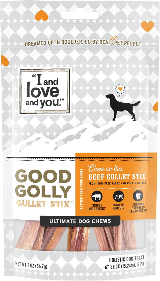 "I and love and you" Good Golly Beef Gullet Sticks - Grain Free Dog Chews, 100% Beef Treats for Dental Health, Free Rang