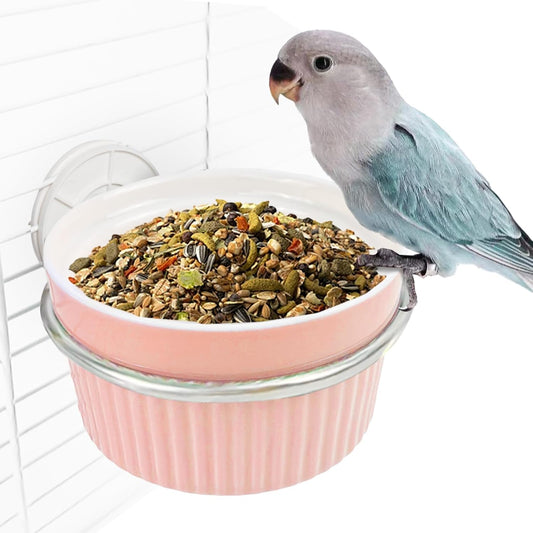 WQY Groceryshop Bird Cage Feeder Parrot Food Cage Bowl Clamp Holder Coop Cup, Ceramic Bird Cage Water Bowl, Pet Feeder Cage for Parakeet African Greys Conure Cockatiels Lovebird Budgie Chinchilla-Pink