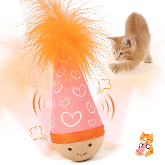 Lulu's world Cat Feather Toy, Catnip-Free Wooden Tumbler for Kittens & Indoor Cats, Interactive Wobble Starter Toy (Niuniu)
