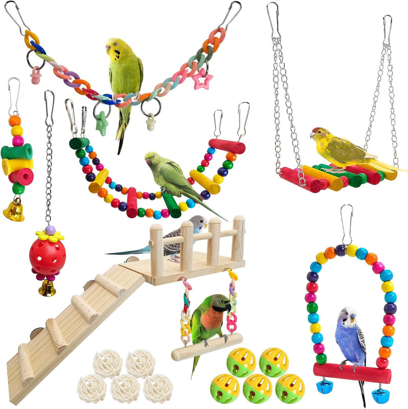 Hamiledyi 17Pcs Parrot Swing Toys Perches Platform with Bird Climbing Ladder Chewing Hanging Standing Colorful Toys Cage