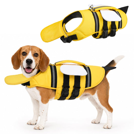 KOOLTAIL Dog Life Jacket, Cute Bee Front Float Dog Life Vest for Swimming Boating, Reflective Pet Lifesaver Swimsuit with Rescue Handle and Chin Float, Super Buoyancy for Puppy Small Medium Dogs, L
