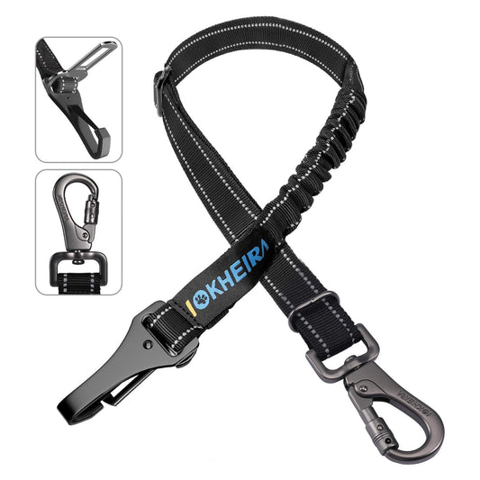 Dog Seat Belt 3-in-1 Car Harness for Dogs Adjustable Safety Seatbelt for Car Nylon Reflective Bungee Fabric Dog Car Harness with Clip Hook Latch & Buckle, Swivel Zinc Alloy Carabiner (Black)