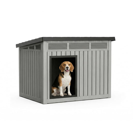 VIXZEN Dog House Outdoor, Indoor Dog House Medium Size Dog with Weatherproof PP Resin Material, Doghouse Outdoor with Openable Roof for Easy Cleaning, Sloped Roof, Air Vents, Easy Assembly (Gray)