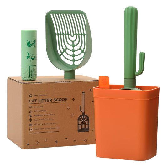 MUTTROS Cactus Cat Litter Scooper with Holder - 2 Replaceable Wheat Straw Plastic Shovels & ABS Handle and Box - Cat Litter Scoop with Bag & Trash Bag Storage - Premium Kitty Litter Scoop Green