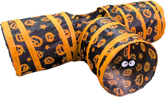 Halloween Cat Tunnel with 3-Way Design - Pumpkin Print Interactive Pet Play Tube for Kittens & Cats, Collapsible Cat Pla