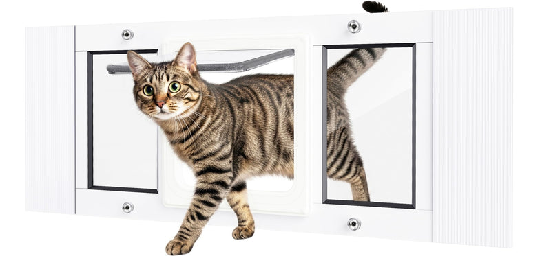 SAKSUN Cat Door for Window Weatherproof: Aluminum Frame Flap Pet Door Quick Fit Window Insert - Easy Adjustable to Fit Windows Width 27