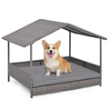 Giantex Outdoor Wicker Dog House with Roof Canopy, Elevated Rattan Dog Bed with Washable Cushion, Weatherproof Patio Pet Bed for Small Medium Dogs, Heavy Duty Metal Frame, 165 lbs, Gray