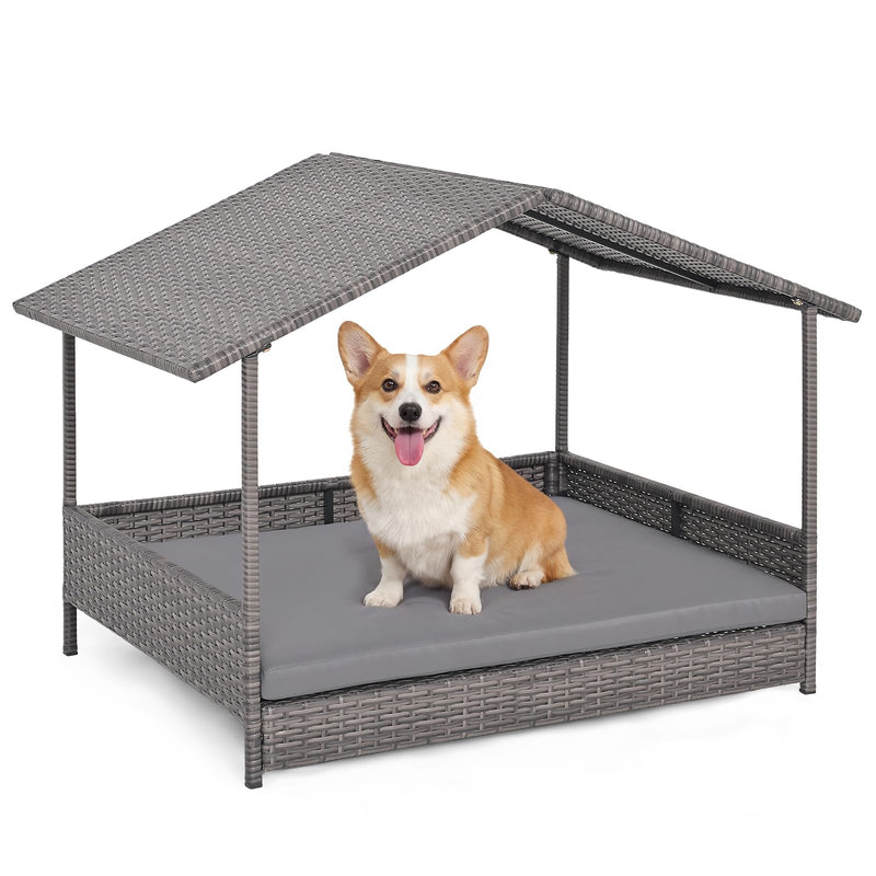 Giantex Outdoor Wicker Dog House with Roof Canopy, Elevated Rattan Dog Bed with Washable Cushion, Weatherproof Patio Pet Bed for Small Medium Dogs, Heavy Duty Metal Frame, 165 lbs, Gray