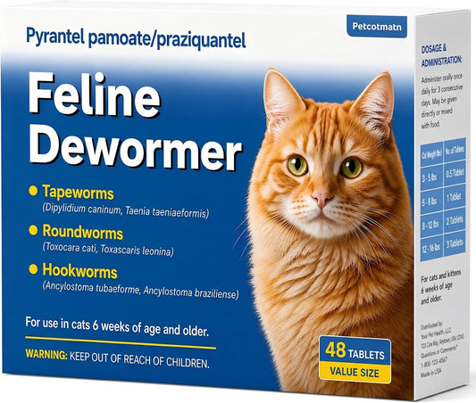 Dewormer for Cats & Kittens, Broad Spectrum Cat Dewormer for Tapeworms, Roundworms & Hookworms, 48 Tablets