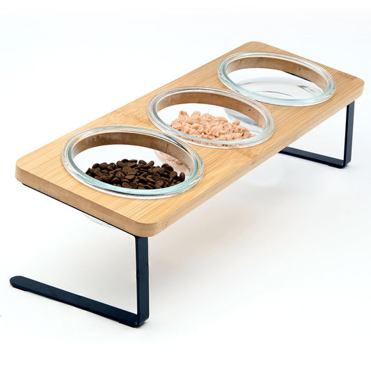 Lawfery Elevated Cat Bowls, 15° Tilted Cat Food Bowl, Includes 3 Glass Bowls, Bamboo Board, and Metal Stand for Cats and Puppies
