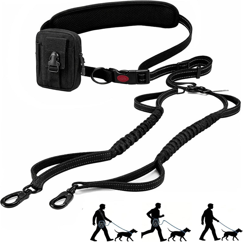 3-in-1 Hands Free Double Dog Leash with Detachable Pouch,Waist Dog Leash for 2 Dogs with Reflective Stitches 4 Comfortab