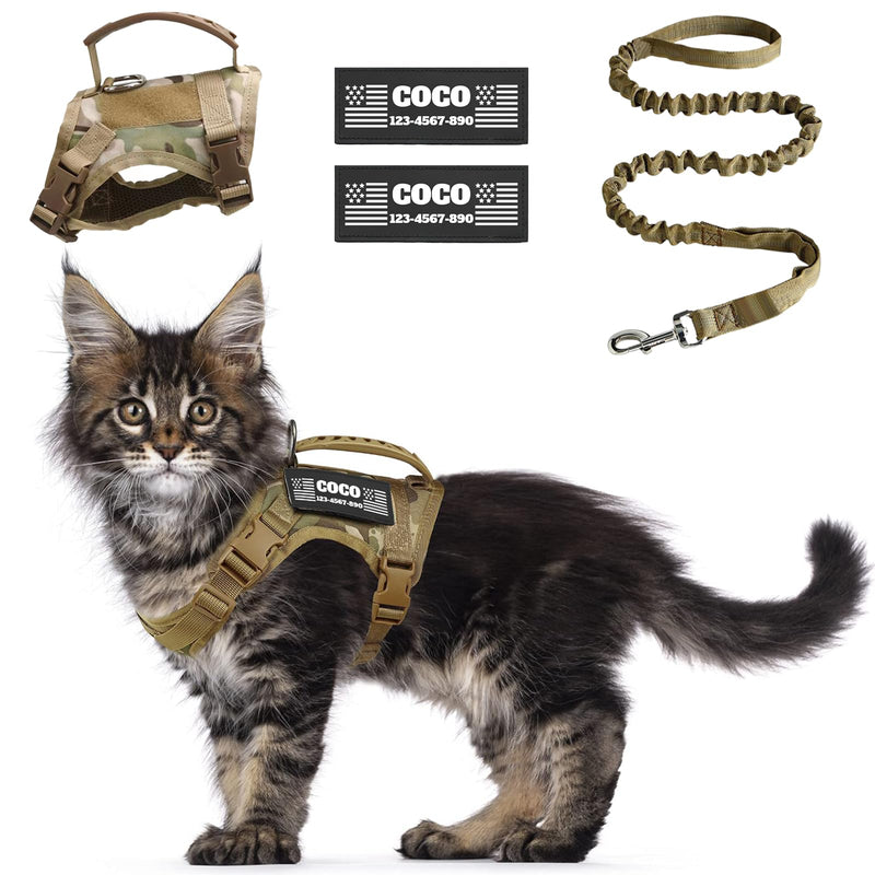 CHRYMPETIC Tactical Cat Harness Escape Proof for Walking with Personalized Patches - Adjustable Cat Harness 8-20lbs Escape Proof - Soft Vest for Large Kitty with Optional Leash (Camo)