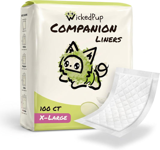 WICKEDPUP Dog Diaper Liners Booster Pads for Male and Female Dogs, 100ct | Disposable Diaper Inserts fit Most Reusable Pet Belly Bands, Wraps, and Washable Period Panties (X-Large (100 Count))