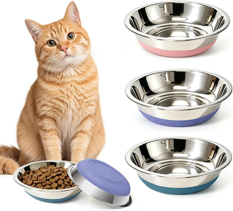3 Pack Stainless Steel Cat Bowls, Cat Dishes Whisker Friendly with Non-Slip Silicone Bottom, Easy to Clean, 5.5