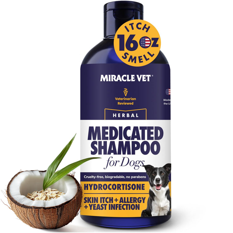 Miracle Vet Medicated Dog Shampoo for Itchy Skin Relief - Antifungal for Dog Allergy Relief, Yeast Infection, Hot Spot & Dry Skin Anti-Itch Treatment Wash - Hydrocortisone (16 oz)