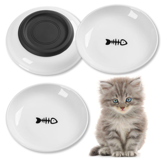 Kitwinney Cat Food Bowl, Whisker Friendly Ceramic Cat Bowls with Nonslip Silicone Bottom, Pack of 3 Quiet Dishes and Plates for Feeding Indoor Cats, Kittens and Small Dogs(Fishbone,Shallower)