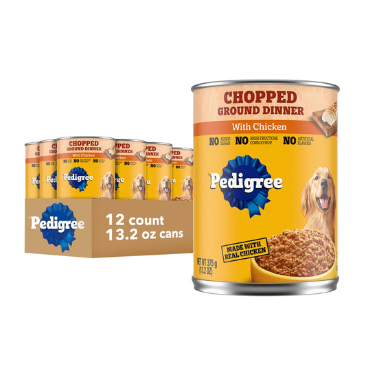 Pedigree Chopped Ground Dinner Adult Soft Wet Dog Food with Chicken, Canned Dog Food, 13.2 oz. Cans, 12 Count