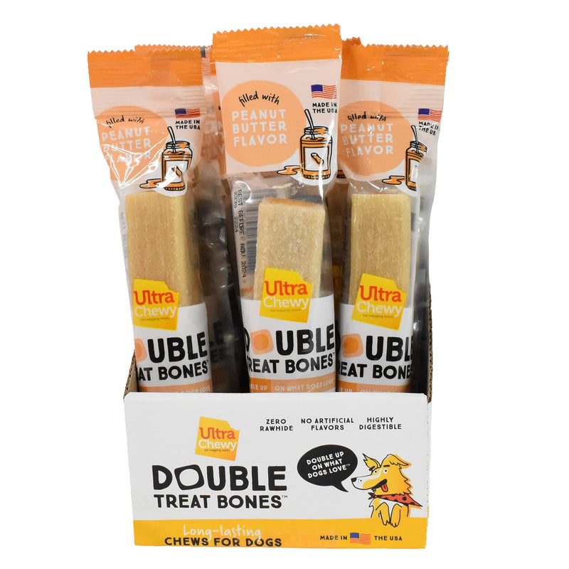 Ultra Chewy Peanut Butter Double Treat Bones: Long-Lasting Dog Treats Made in USA for Large and Small Breeds, Highly Digestible, Ideal for Aggressive Chewers (24 Count)