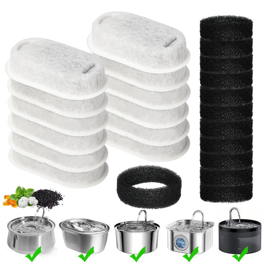 TOUDABBQ Cat Water Fountain Filter, 24-Pack Filters Replacement for 67oz/2L & 108oz/3.2L Stainless Steel Cat Water Fountain, 4-Layer Filtration Pet Filter (12 Filters & 12 Sponges)