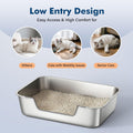 Qiuma Stainless Steel Cat Litter Box with Low Entry, Metal Kitty Litter Box for Senior or Injured Cats, Odor-Free, Non-Stick, Easy to Clean, 17.5"x13.6"x5.9", Litter Pan for Medium and Small Cats