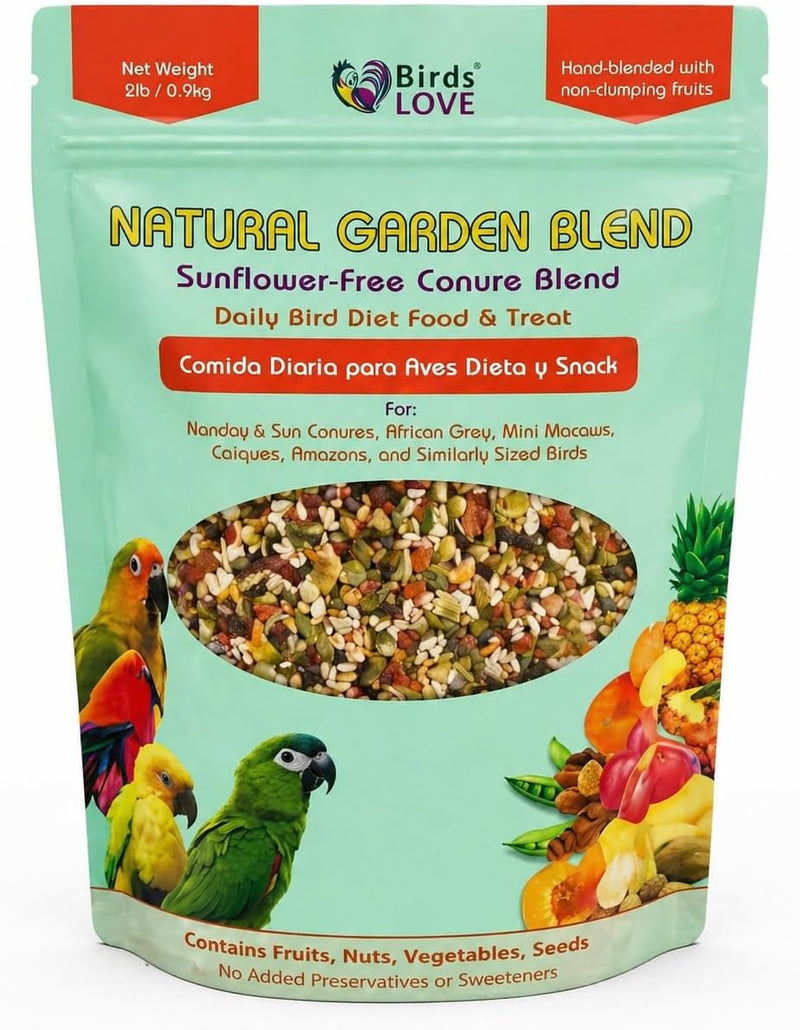 Birds LOVE Natural Garden Blend Conure Food, Sunflower Free Bird Seed Mix with Fruits, Nuts, Vegetables and Seeds, All N