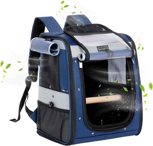 Petsfit Bird Carrier with Anti-Pecking Band,Bird Backpack Carrier with 2 Level Height to Adjust Standing Perch and Shade