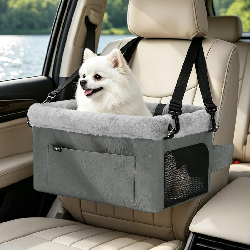 JOEJOY Deluxe Dog Booster Seat with Sturdy Metal Frame and Safety Leash for Small Pets up to 20 lbs - Portable Puppy Dog Car Seat with Thick Cushion and Storage Pockets for Small Dogs