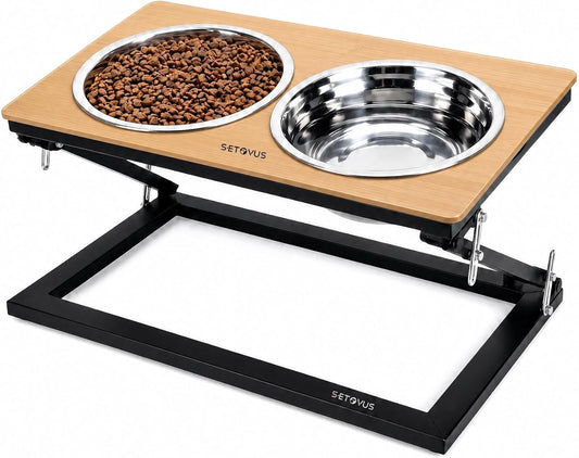 Dog Bowls Elevated, Adjustable Raised Dog Bowl Stand with 2 Stainless Steel Food Bowls 20°Tilted Water Bowls for Small Sized Dogs and Cats (Natural Wood Color, Small)