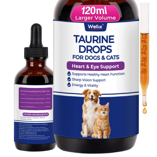 Wellix 4 oz (120 ML) Liquid Taurine Drops for Cats & Dogs, Cat & Dog Supplements & Vitamins for Heart & Vision & Immune Support, Large Bottle Taurine for Multi-Pet Households