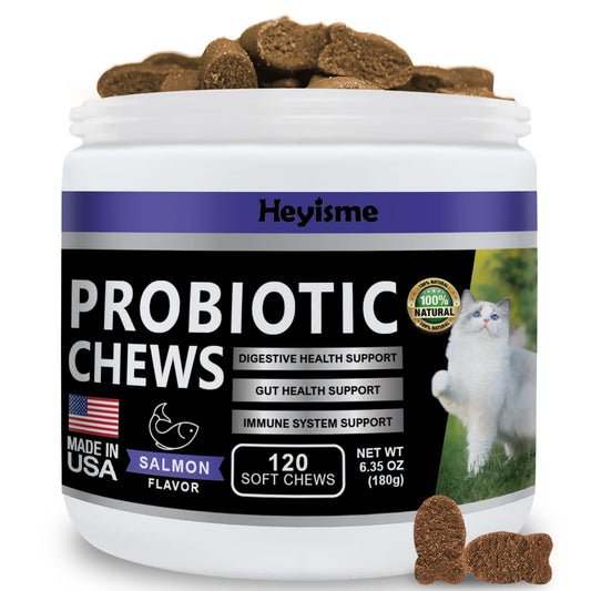 HEYISME Cat Probiotic, Chews for Gut and Immune Health, Cats Probiotic Supplement for Cat Digestive Support, Healthy Digestion, Cat Constipation and Diarrhea Relief (120 Pills, Salmon)