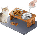 Elevated Cat Bowls with Silicone Mat, 15° Tilted Solid Wood Stand, Raised Stainless Steel Food & Water Dishes for Cats and Small Dogs, Anti-Vomiting Design(Teak)