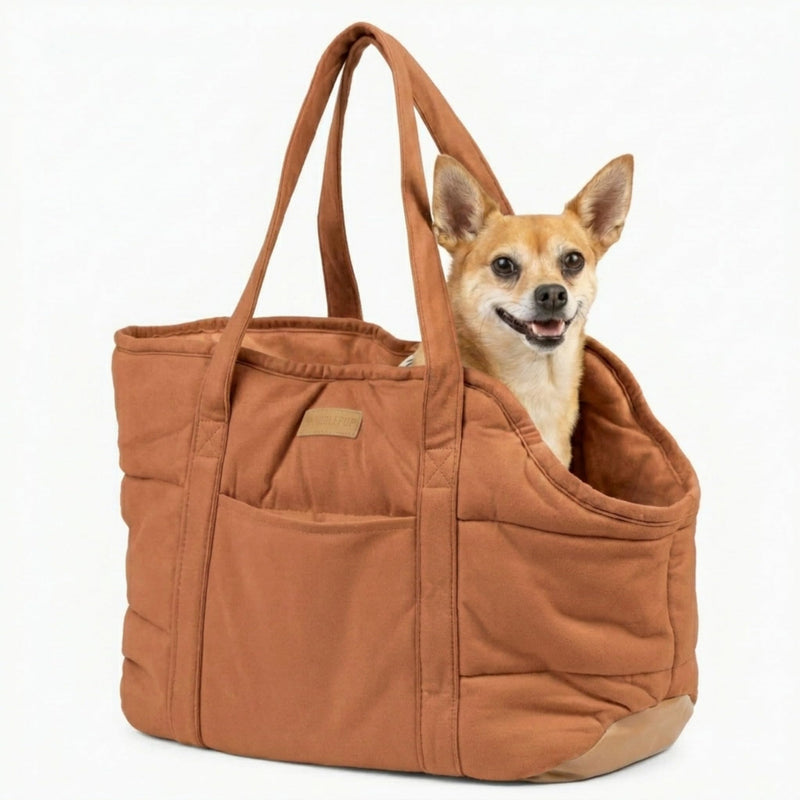 NoblePup Plush Dog Purse Carrier for Small Dogs, Soft Dog Tote Bag with Safety Harness Clip, Cozy Pet Carrier for Dogs Under 15 lbs, Comfortable Dog Shoulder Carrier for Travel, Brown