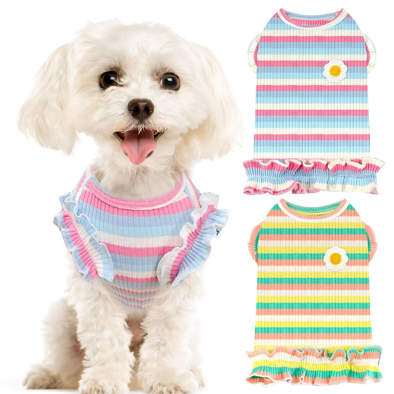 XGDMEIL 2 Pack Cute Striped Small Dog T Shirts Soft Cotton Girl Dog Clothes Breathable Pet Puppy Cats Vest Spring Summer Pet Outfits（Purple+Green,Small）