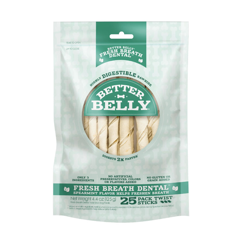 Better Belly Fresh Breath Dental Twist Sticks,Highly Digestible Rawhide for Dogs, 25 Count