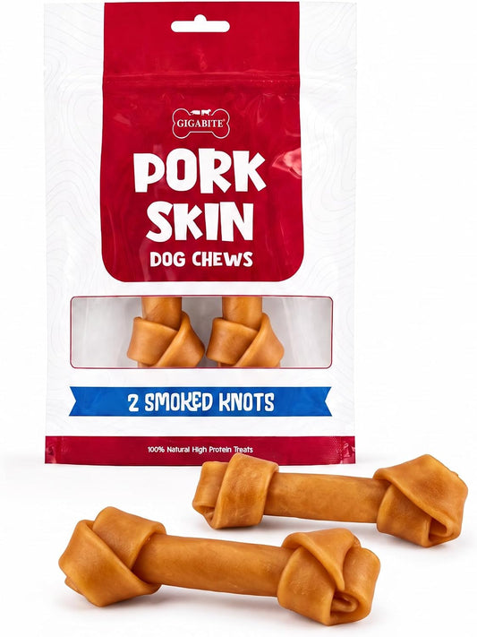 Best Pet Supplies GigaBite Pork Skin Dog Chews - 6" Knots, 2 Count