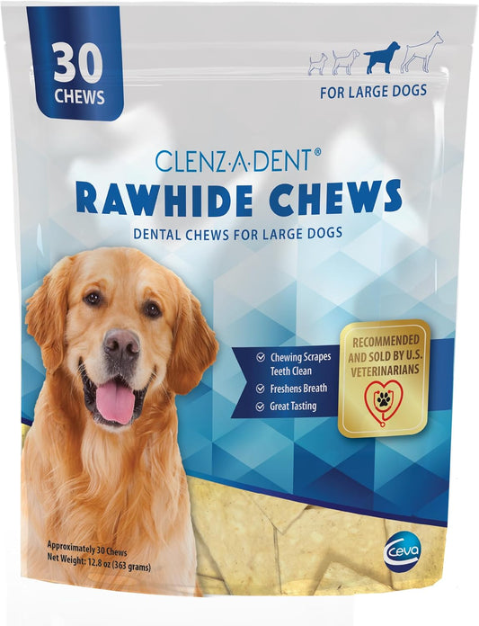 Ceva Clenz-A-Dent Rawhide Dental Chews for Dogs, Large Dogs, Enzyme-Coated Dental Treats with RF2, Reduces Plaque & Tartar, Freshens Breath, Poultry Flavor, 30 Count