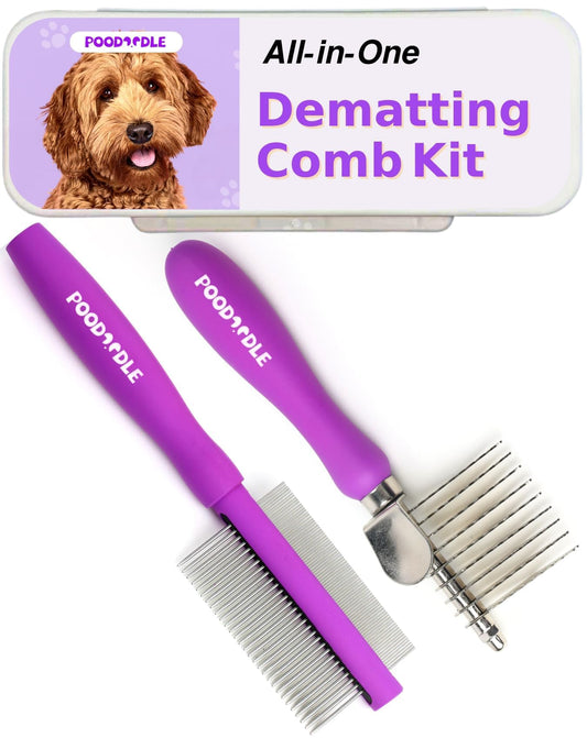 Poodoodle Pain-Free Dematting Comb Kit for Dogs & Cats, Dematting Rake & Detangling Dual-Side Comb Set, Dematting Brush for Dogs & Cats, Pet Grooming Tools Kit for Poodle Doodle & All Long Haired Pets